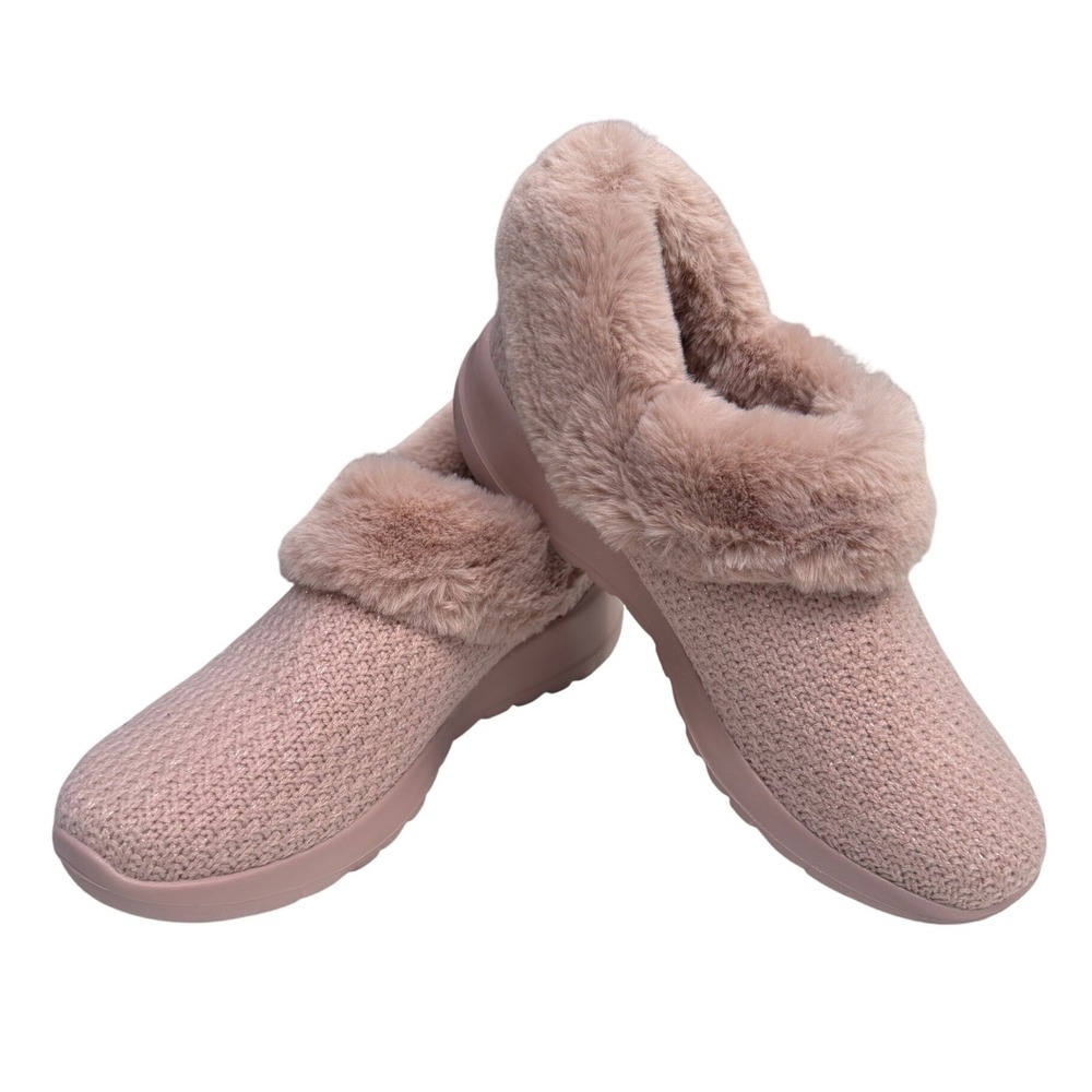 Skechers GO LOUNGE Slippers Women‎ 7.5 Rose Pink Faux Fur Arch Fit Cozy Knit